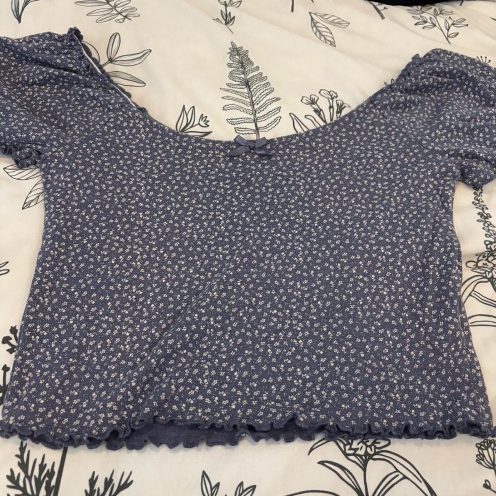 American Eagle Outfitters Blue Floral Square-Neck Crop Top with Ruffle Hem